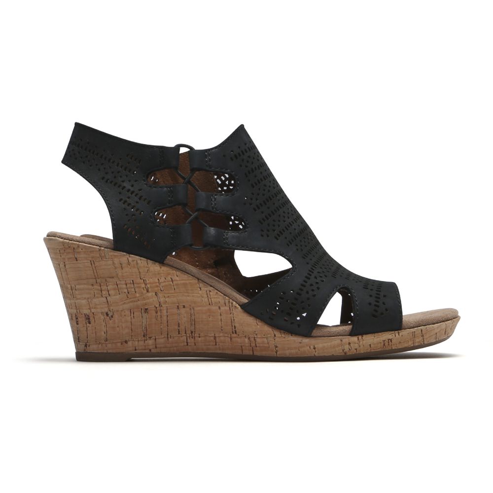 Rockport Women's Cobb Hill Janna Wedges Sandals - Black - USA (1364RFZSU)